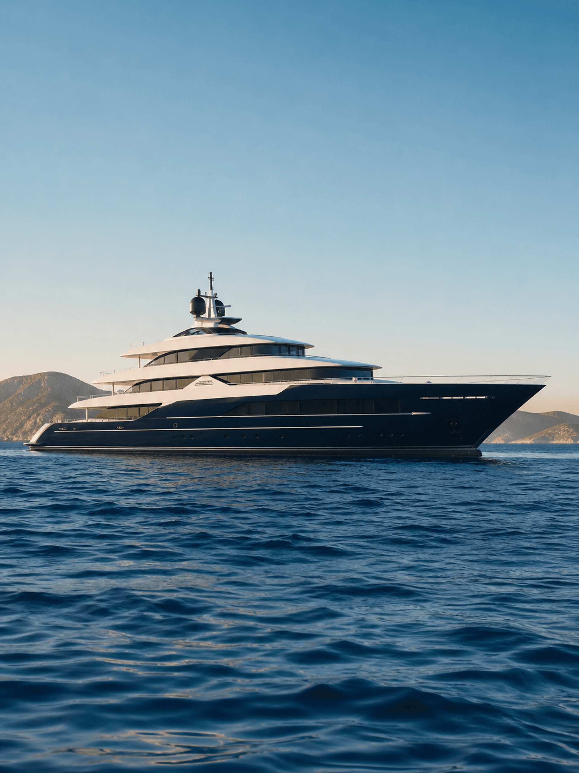 Superyachts moored side by side at golden hour