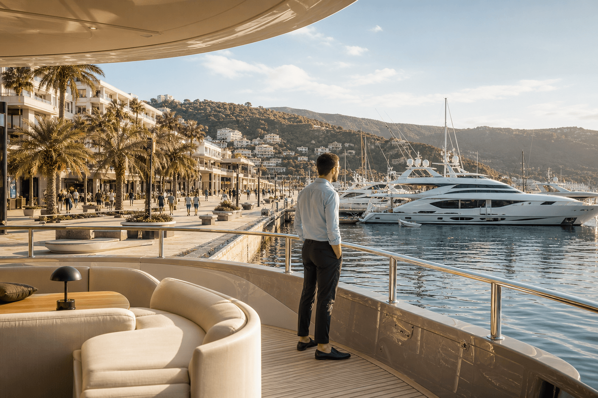 A yacht underway along a sunlit coastline