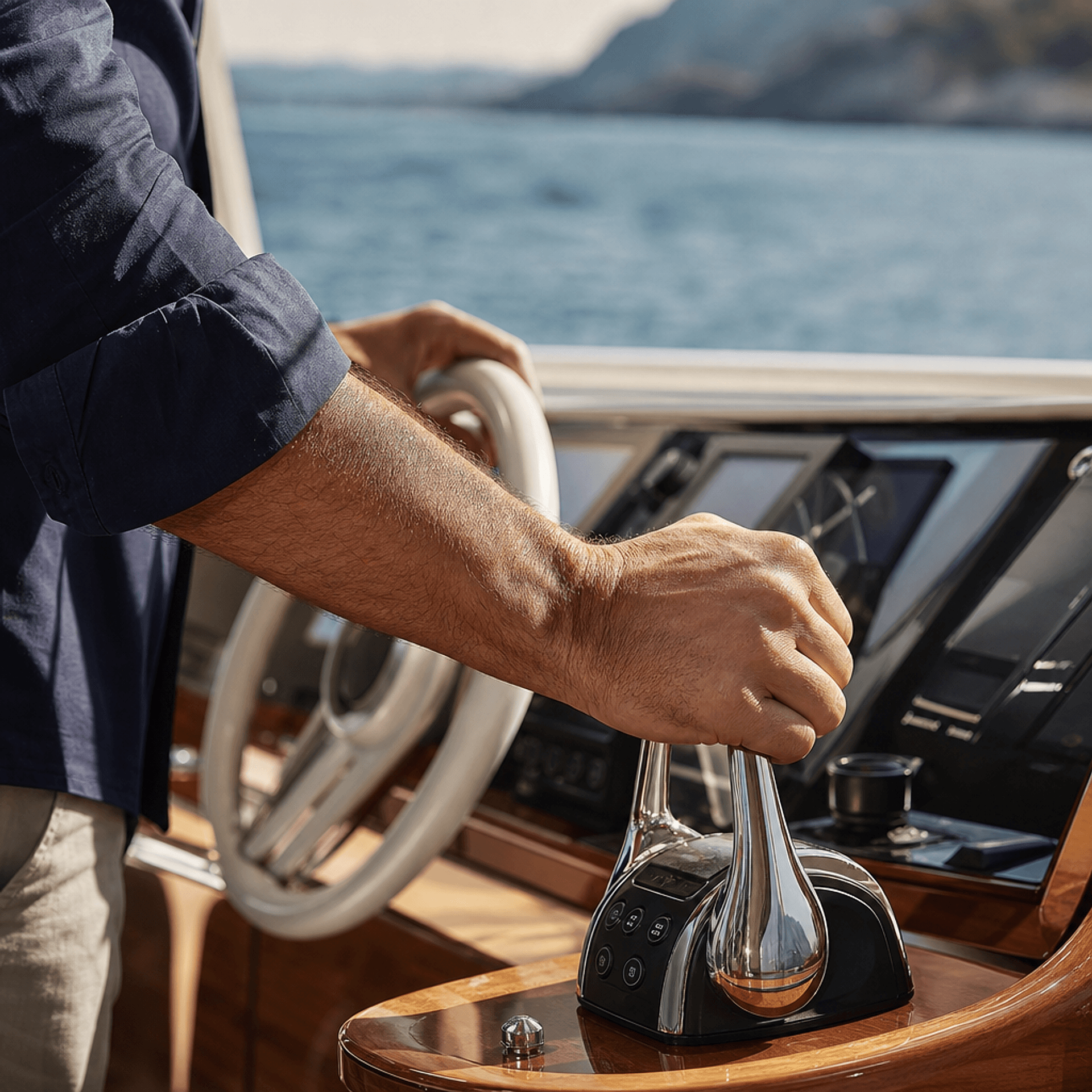 Close detail of polished yacht hardware and brightwork